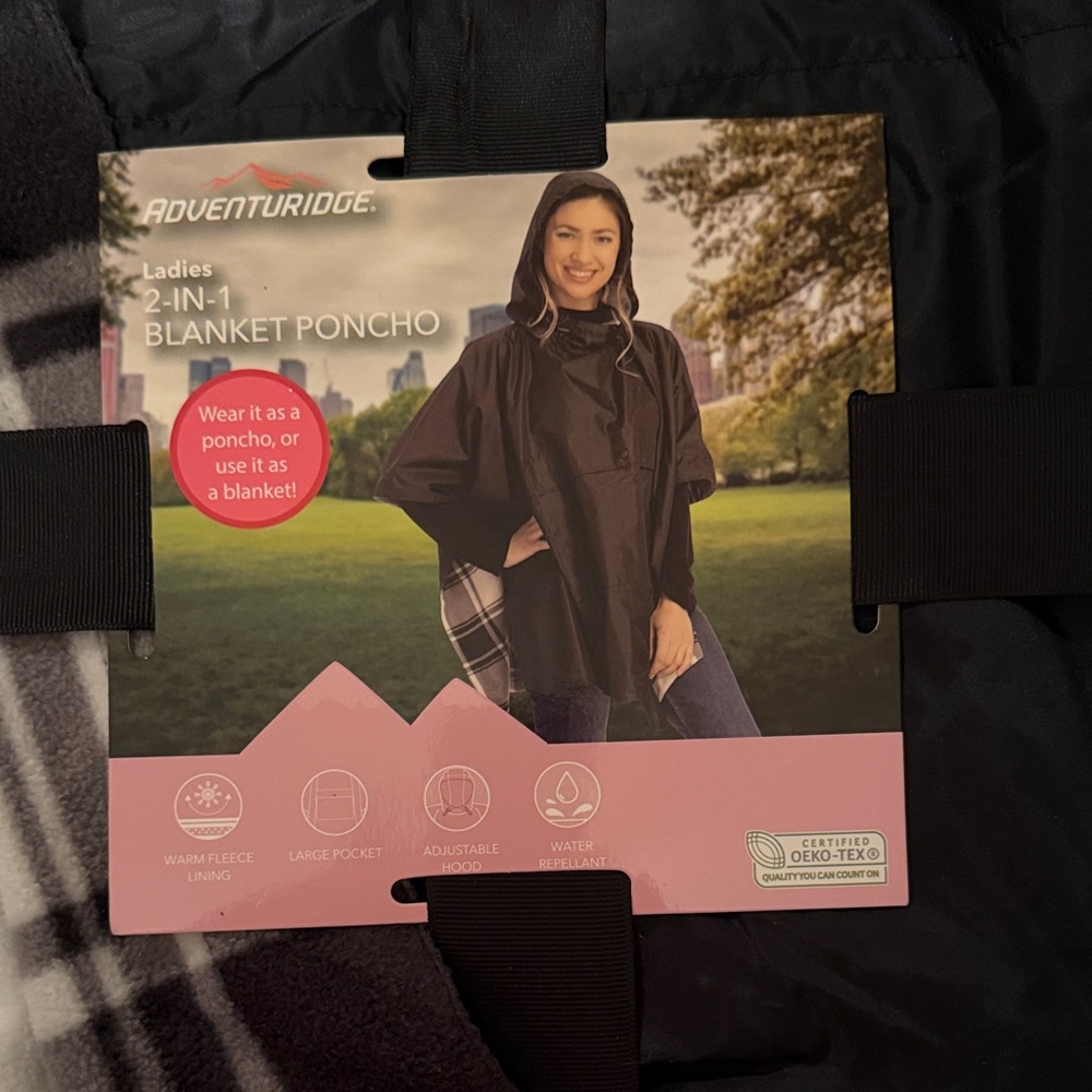 Adventuridge Black 2-in-1 Blanket Poncho Water Repellant with Flannel Interior